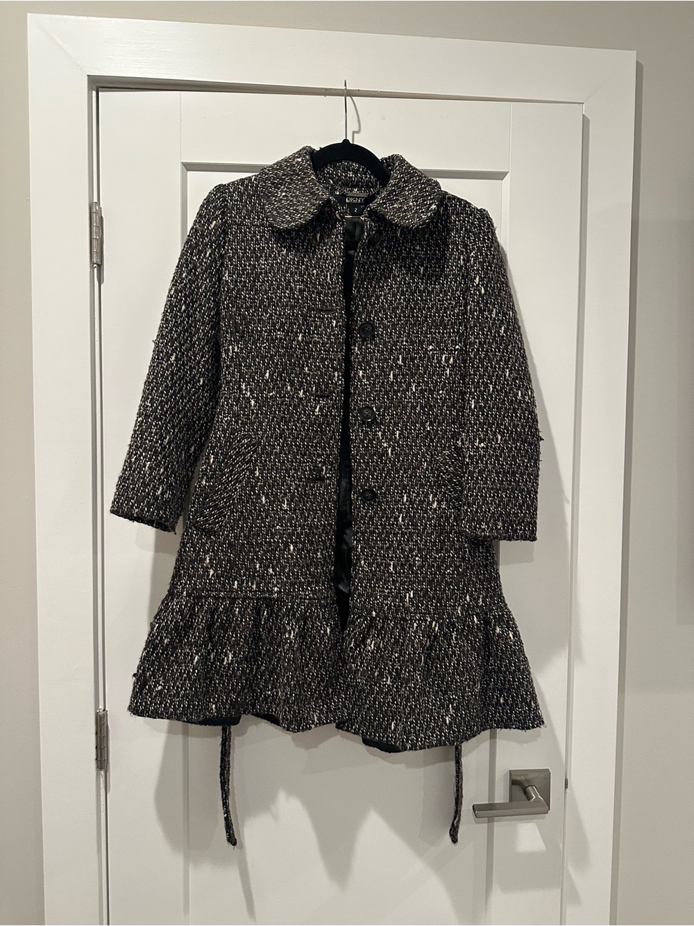 DKNY Ruffle Tweed Wool Button-Front Coat - Black/Grey